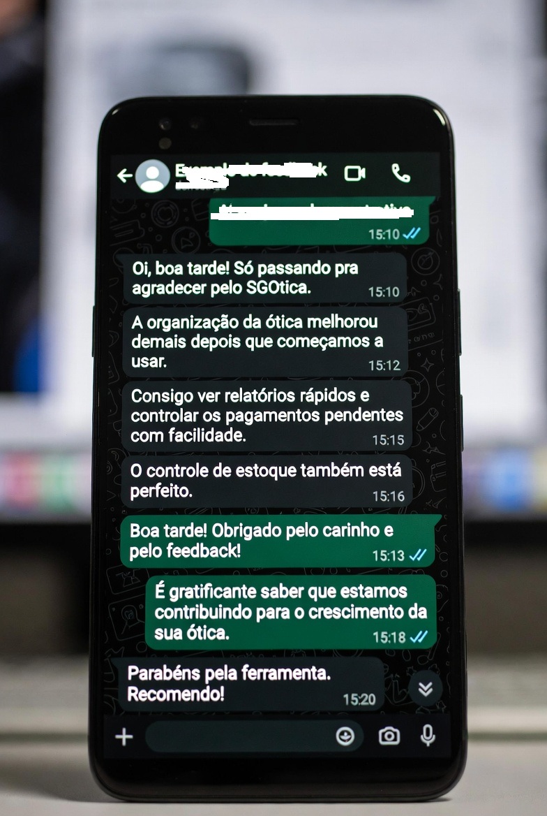 Cliente agradecendo pela organização trazida pelo SGÓtica