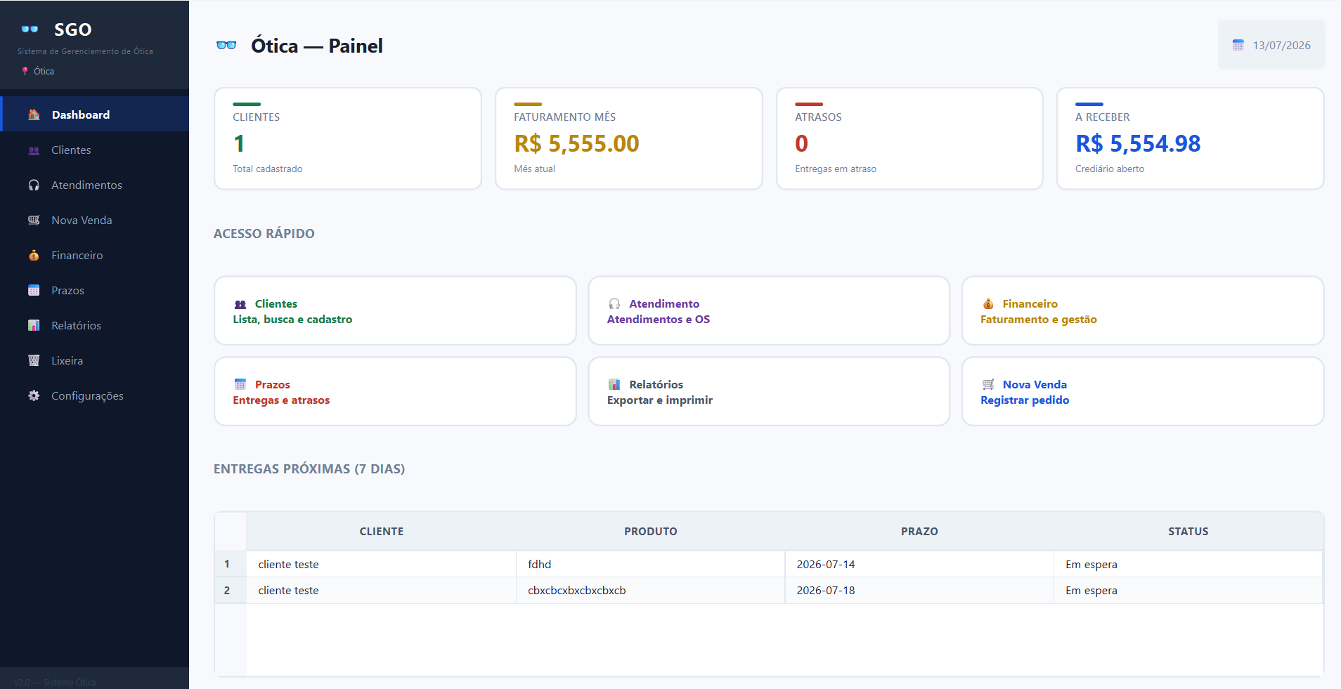 Painel do SGÓtica mostrando clientes, faturamento e entregas próximas
